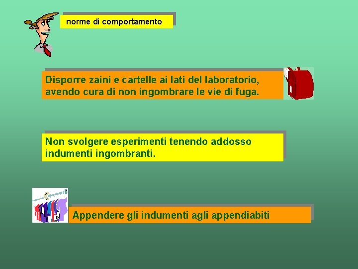 norme di comportamento Disporre zaini e cartelle ai lati del laboratorio, avendo cura di