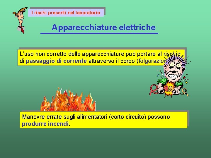 I rischi presenti nel laboratorio Apparecchiature elettriche L’uso non corretto delle apparecchiature può portare