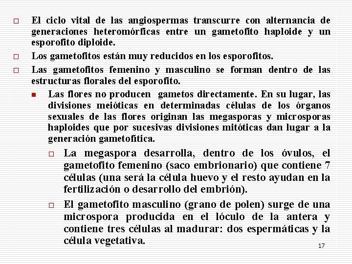 o o o El ciclo vital de las angiospermas transcurre con alternancia de generaciones