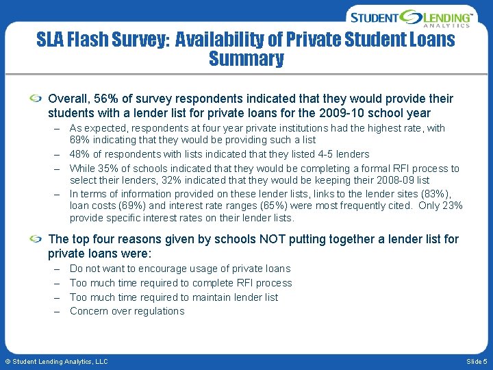 SLA Flash Survey: Availability of Private Student Loans Summary Overall, 56% of survey respondents