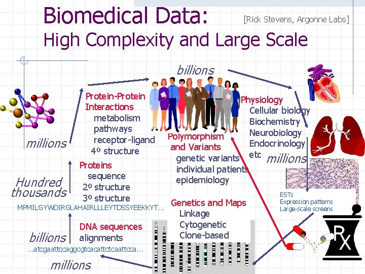 Biomedical Data: [Rick Stevens, Argonne Labs] High Complexity and Large Scale billions millions Hundred