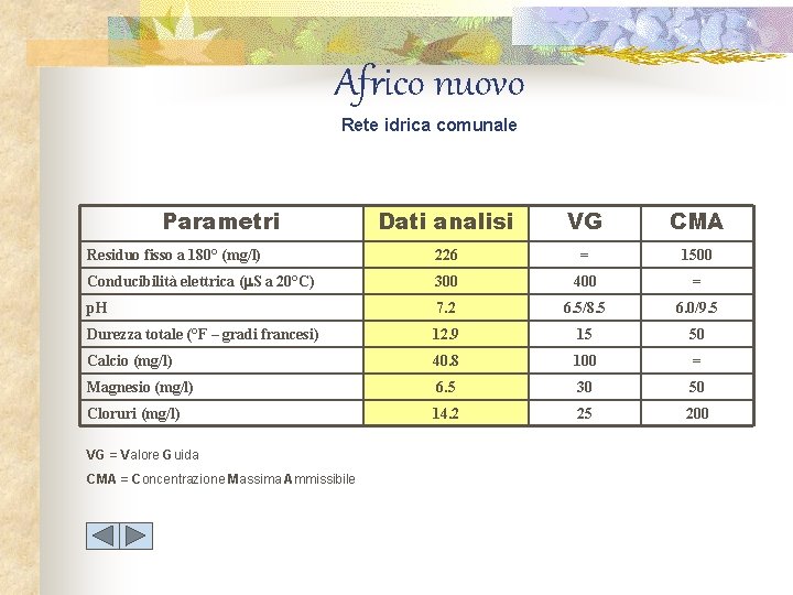 Africo nuovo Rete idrica comunale Parametri Dati analisi VG CMA Residuo fisso a 180°