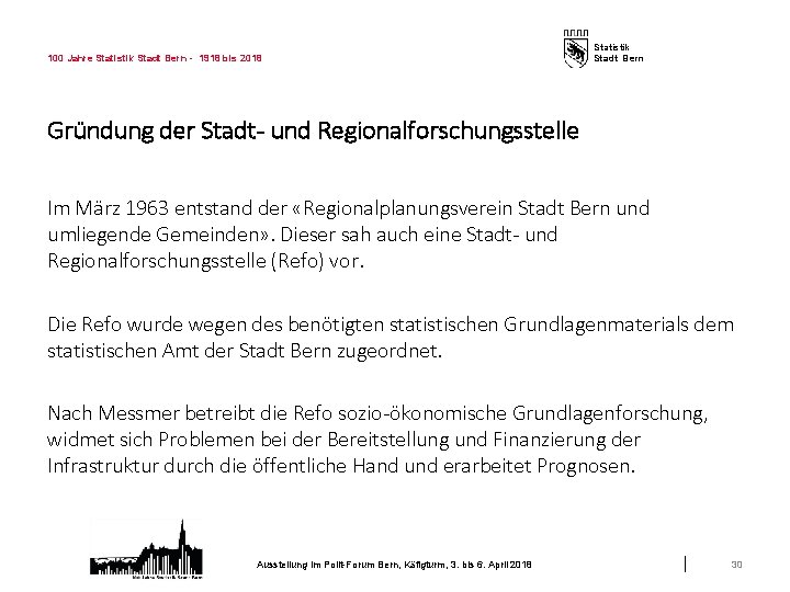 100 Jahre Statistik Stadt Bern - 1918 bis 2018 Statistik Stadt Bern Gründung der