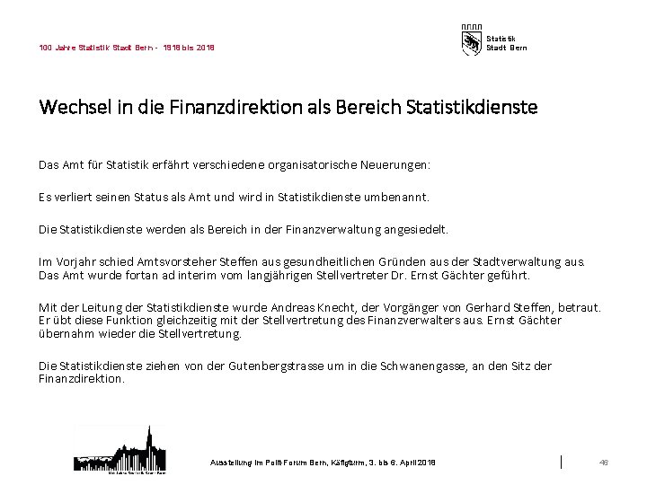 100 Jahre Statistik Stadt Bern - 1918 bis 2018 Statistik Stadt Bern Wechsel in