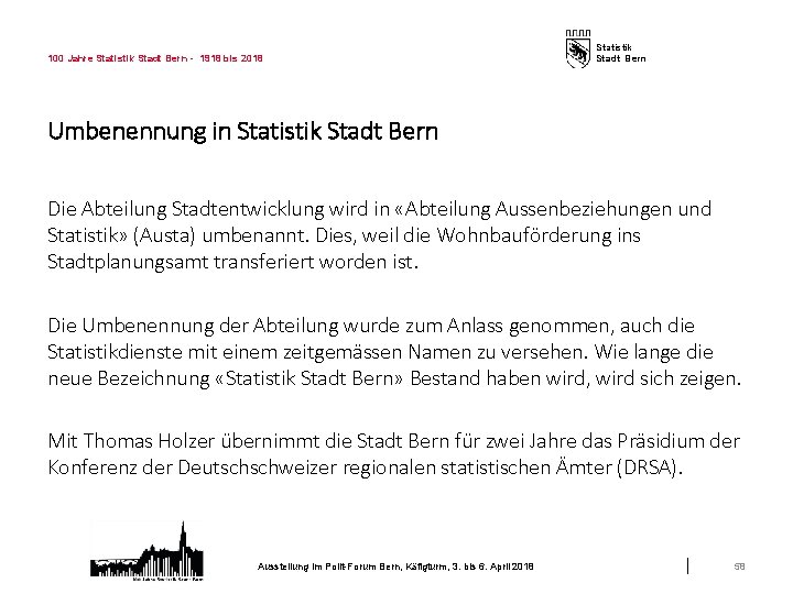 100 Jahre Statistik Stadt Bern - 1918 bis 2018 Statistik Stadt Bern Umbenennung in