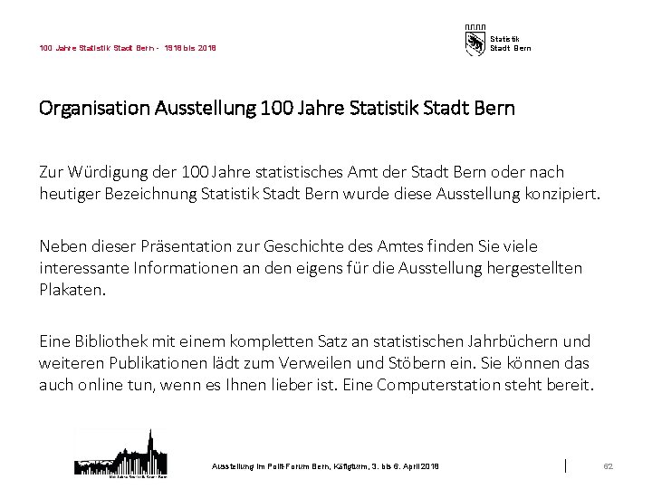 100 Jahre Statistik Stadt Bern - 1918 bis 2018 Statistik Stadt Bern Organisation Ausstellung