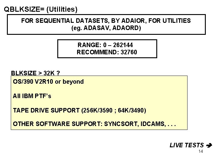 QBLKSIZE= (Utilities) FOR SEQUENTIAL DATASETS, BY ADAIOR, FOR UTILITIES (eg. ADASAV, ADAORD) RANGE: 0