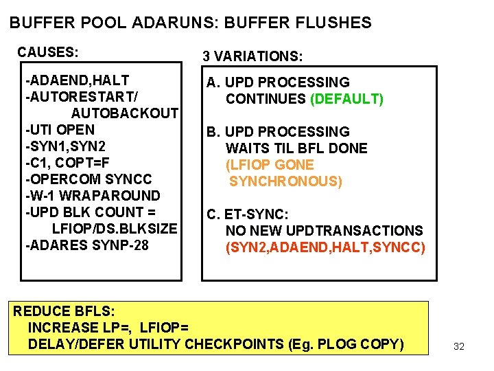 BUFFER POOL ADARUNS: BUFFER FLUSHES CAUSES: -ADAEND, HALT -AUTORESTART/ AUTOBACKOUT -UTI OPEN -SYN 1,