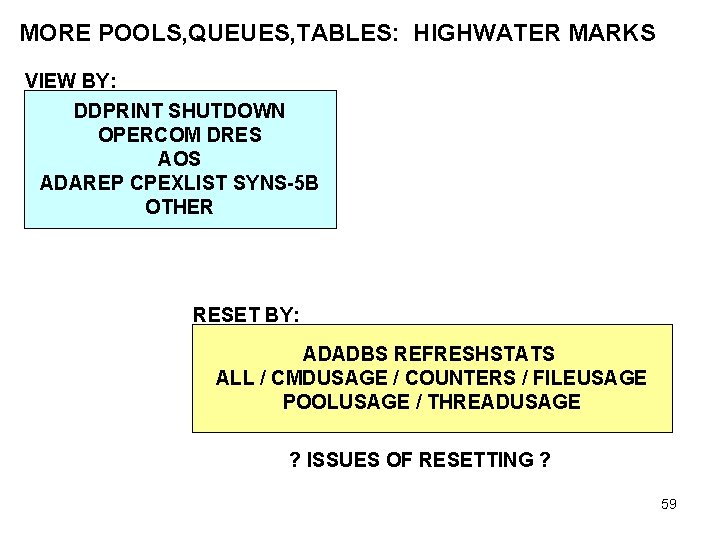 MORE POOLS, QUEUES, TABLES: HIGHWATER MARKS VIEW BY: DDPRINT SHUTDOWN OPERCOM DRES AOS ADAREP