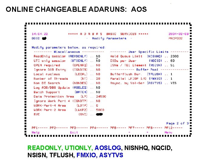 ONLINE CHANGEABLE ADARUNS: AOS READONLY, UTIONLY, AOSLOG, NISNHQ, NQCID, NSISN, TFLUSH, FMXIO, ASYTVS 6