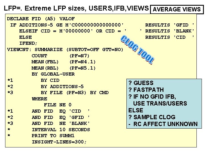 LFP=. Extreme LFP sizes, USERS, IFB, VIEWS AVERAGE VIEWS DECLARE FID (A 5) VALOF