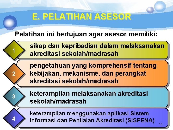 E. PELATIHAN ASESOR Pelatihan ini bertujuan agar asesor memiliki: 1 sikap dan kepribadian dalam