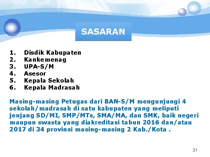 SASARAN 1. 2. 3. 4. 5. 6. Disdik Kabupaten Kankemenag UPA-S/M Asesor Kepala Sekolah