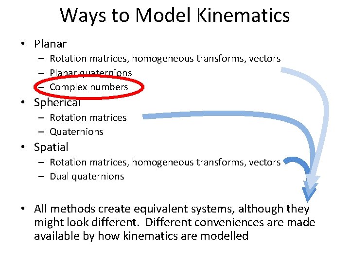 Ways to Model Kinematics • Planar – Rotation matrices, homogeneous transforms, vectors – Planar
