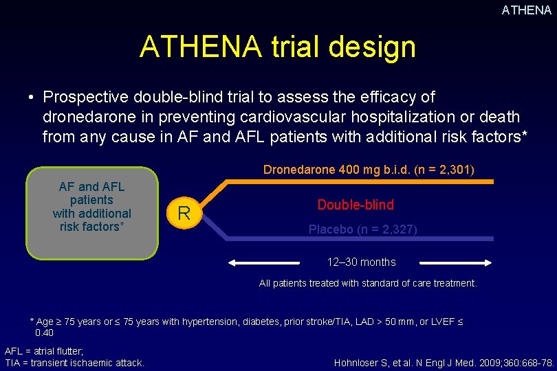 ATHENA trial design • Prospective double-blind trial to assess the efficacy of dronedarone in