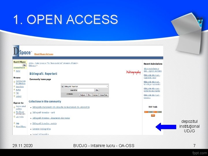 1. OPEN ACCESS depozitul instituţional UDJG 29. 11. 2020 BUDJG - Intalnire lucru -