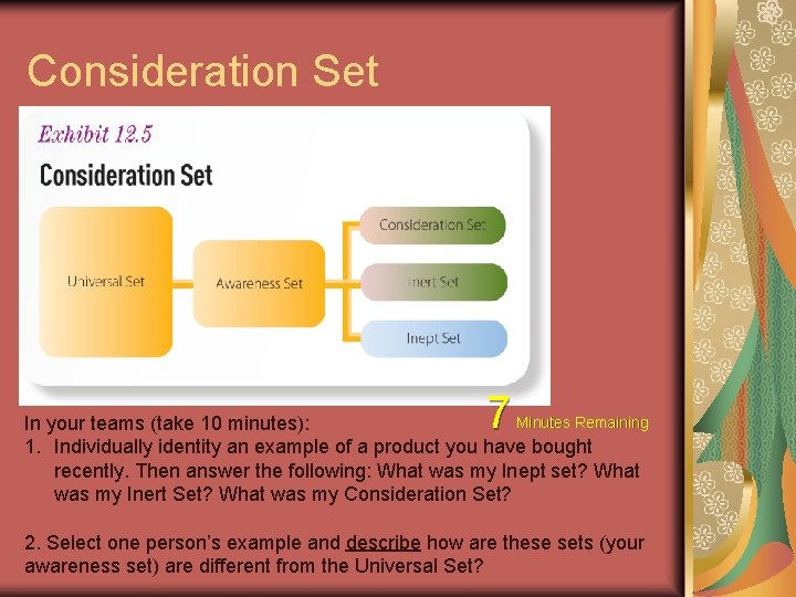 Consideration Set 7 Minutes Remaining In your teams (take 10 minutes): 1. Individually identity Consideration Set 7 Minutes Remaining In your teams (take 10 minutes): 1. Individually identity