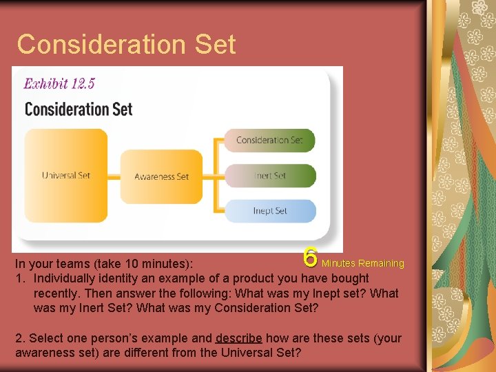 Consideration Set 6 Minutes Remaining In your teams (take 10 minutes): 1. Individually identity Consideration Set 6 Minutes Remaining In your teams (take 10 minutes): 1. Individually identity