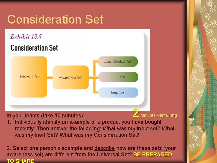 Consideration Set 2 Minutes Remaining In your teams (take 10 minutes): 1. Individually identity Consideration Set 2 Minutes Remaining In your teams (take 10 minutes): 1. Individually identity