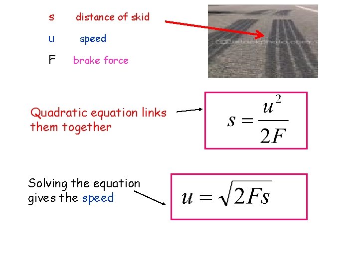 s u F distance of skid speed brake force Quadratic equation links them together