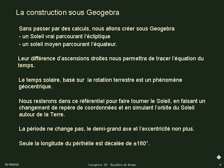La construction sous Geogebra Sans passer par des calculs, nous allons créer sous Geogebra