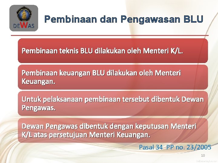 DEWAS Pembinaan dan Pengawasan BLU Pembinaan teknis BLU dilakukan oleh Menteri K/L. Pembinaan keuangan