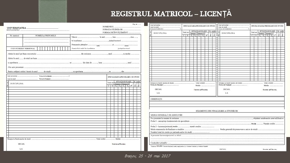 REGISTRUL MATRICOL – LICENȚĂ Brașov, 25 - 26 mai 2017 