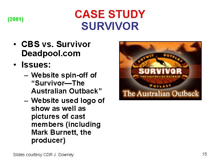 CASE STUDY SURVIVOR (2001) • CBS vs. Survivor Deadpool. com • Issues: – Website