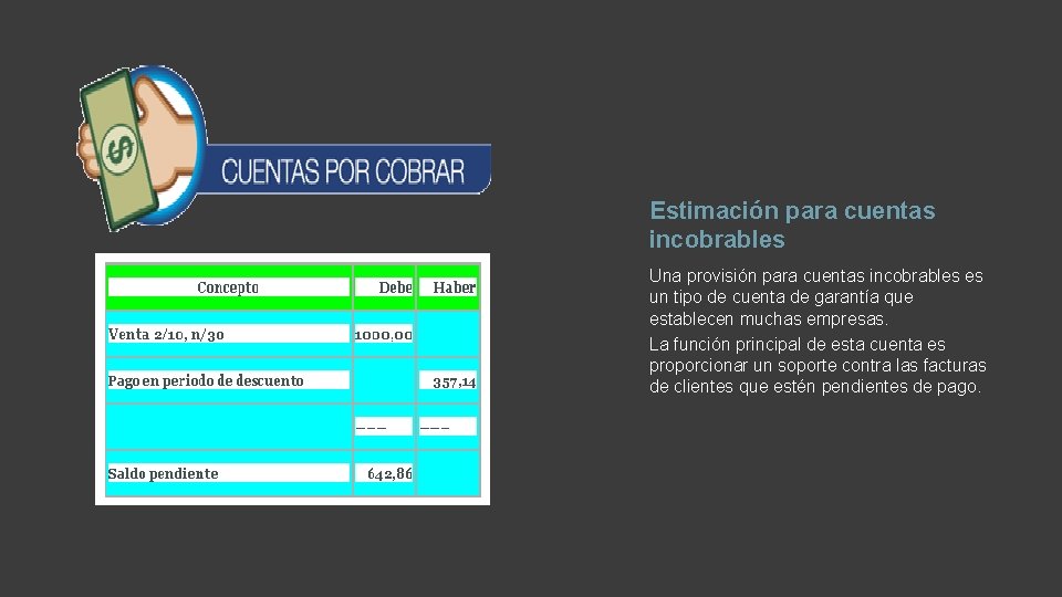 Estimación para cuentas incobrables Una provisión para cuentas incobrables es un tipo de cuenta