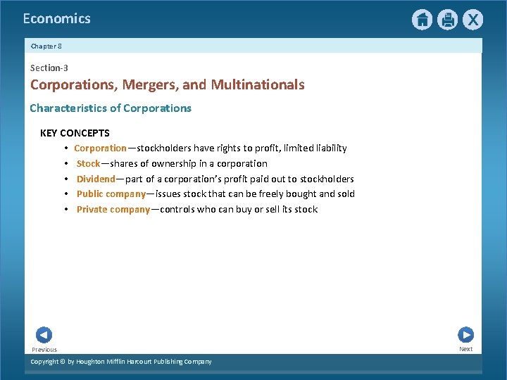 Economics Chapter 8 Section-3 Corporations, Mergers, and Multinationals Characteristics of Corporations KEY CONCEPTS •