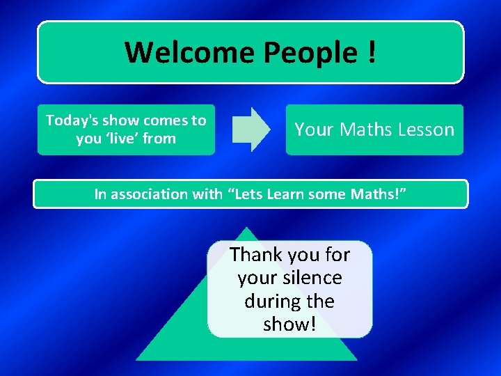 Welcome People ! Today's show comes to you ‘live’ from Your Maths Lesson In