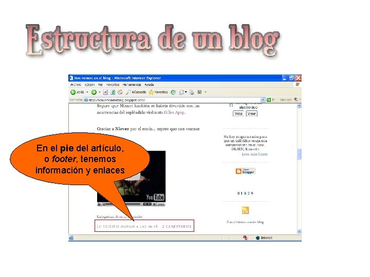 Estructura de un blog En el pie del artículo, o footer, tenemos información y