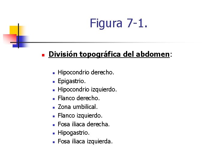 Figura 7 -1. n División topográfica del abdomen: n n n n n Hipocondrio