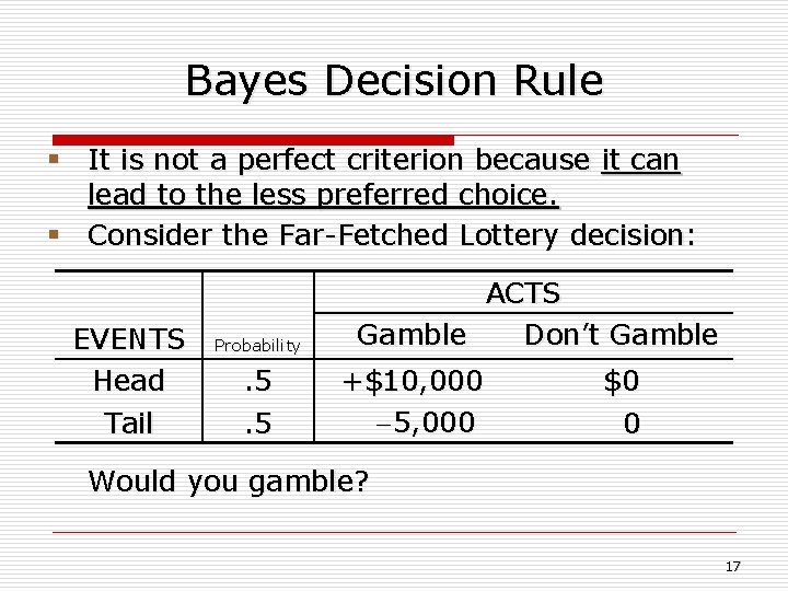Bayes Decision Rule § It is not a perfect criterion because it can lead
