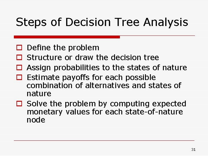 Steps of Decision Tree Analysis Define the problem Structure or draw the decision tree