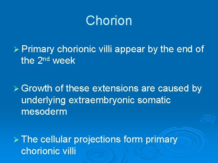 Chorion Ø Primary chorionic villi appear by the end of the 2 nd week