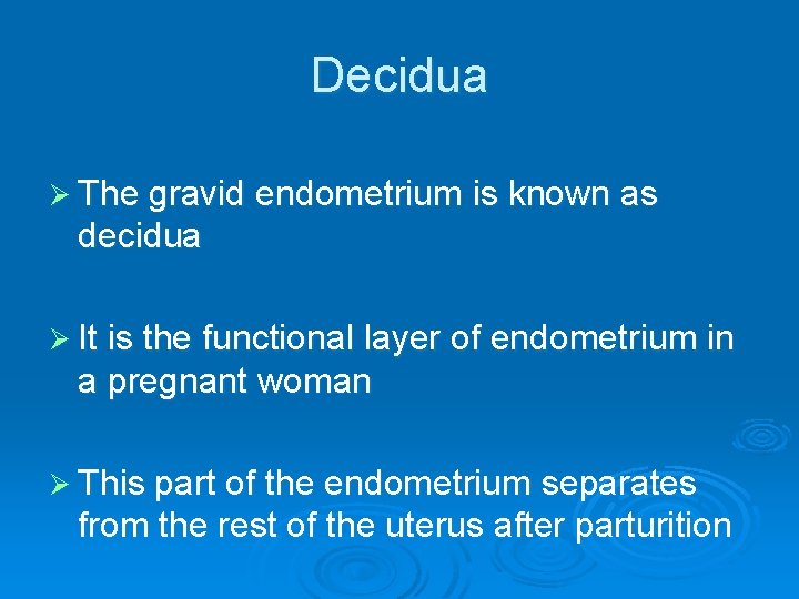 Decidua Ø The gravid endometrium is known as decidua Ø It is the functional