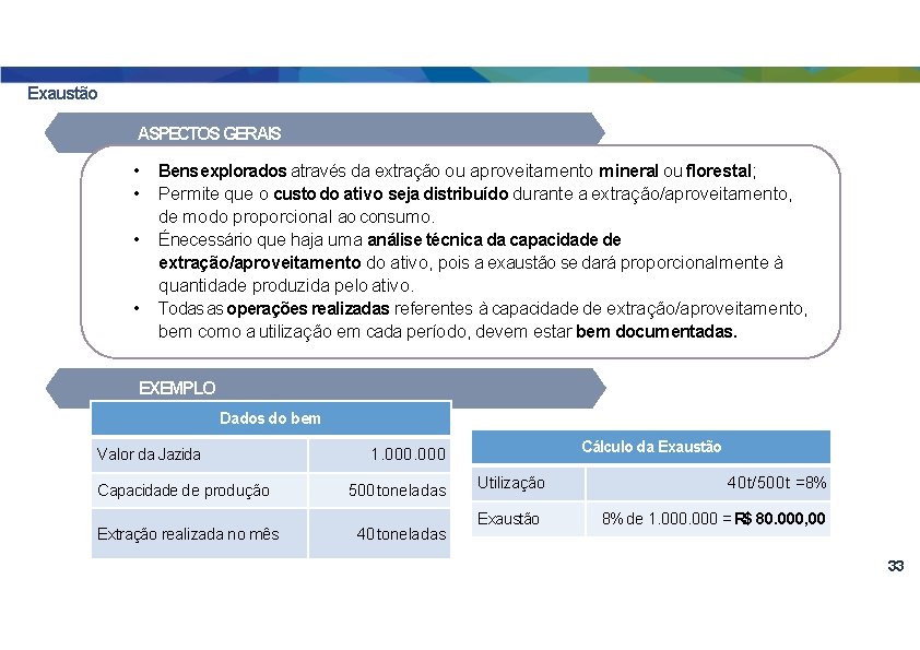 Exaustão ASPECTOS GERAIS • Bens explorados através da extração ou aproveitamento mineral ou florestal;