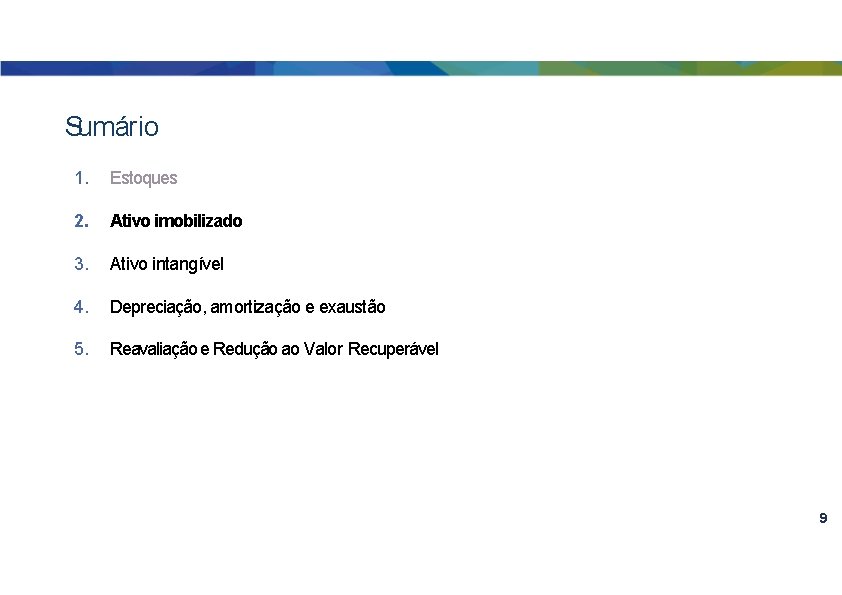 Sumário 1. Estoques 2. Ativo imobilizado 3. Ativo intangível 4. Depreciação, amortização e exaustão