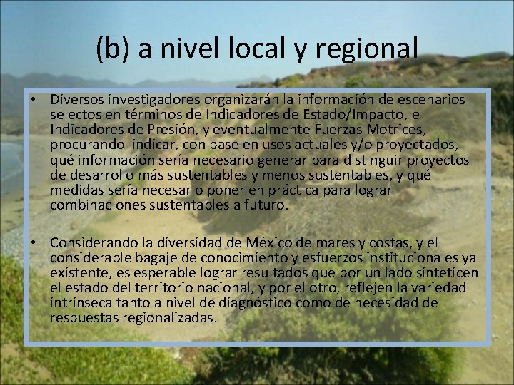 (b) a nivel local y regional • Diversos investigadores organizarán la información de escenarios