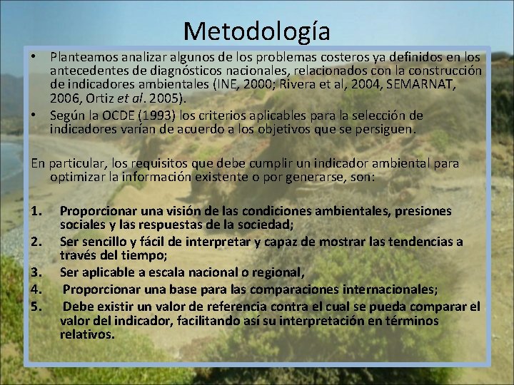 Metodología • Planteamos analizar algunos de los problemas costeros ya definidos en los antecedentes