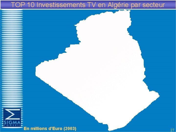 TOP 10 Investissements TV en Algérie par secteur En millions d’Euro (2003) 27 