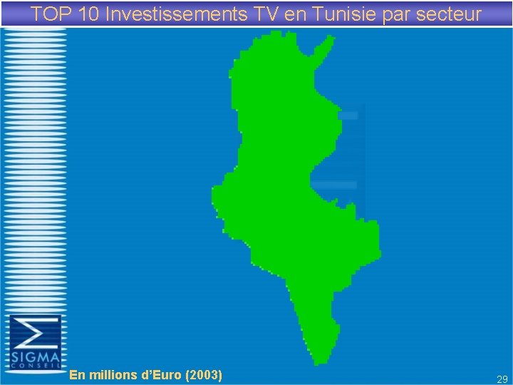 TOP 10 Investissements TV en Tunisie par secteur En millions d’Euro (2003) 29 