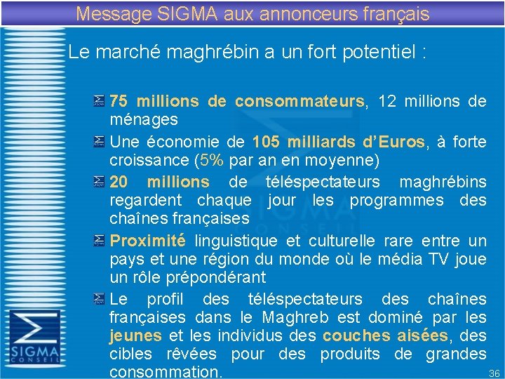 Message SIGMA aux annonceurs français Le marché maghrébin a un fort potentiel : 75