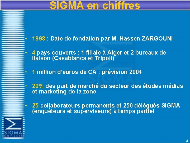 SIGMA en chiffres • 1998 : Date de fondation par M. Hassen ZARGOUNI •