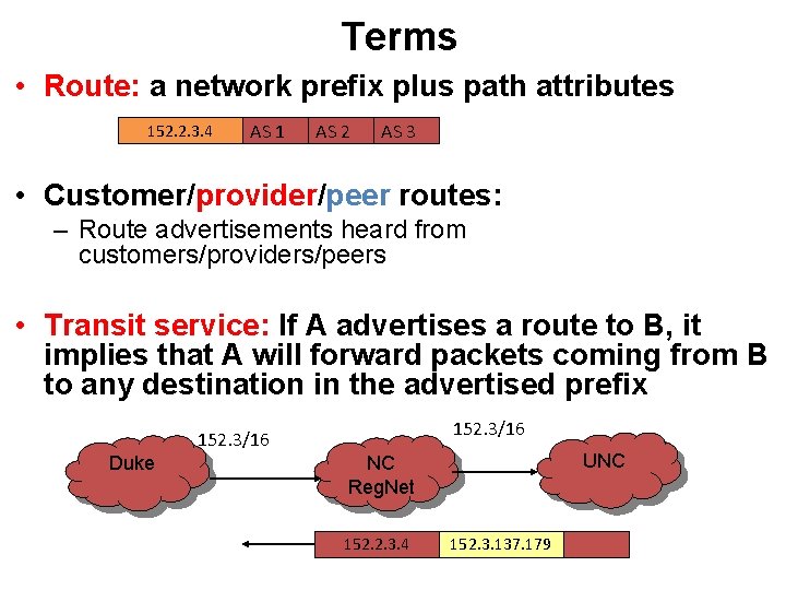 Terms • Route: a network prefix plus path attributes 152. 2. 3. 4 AS