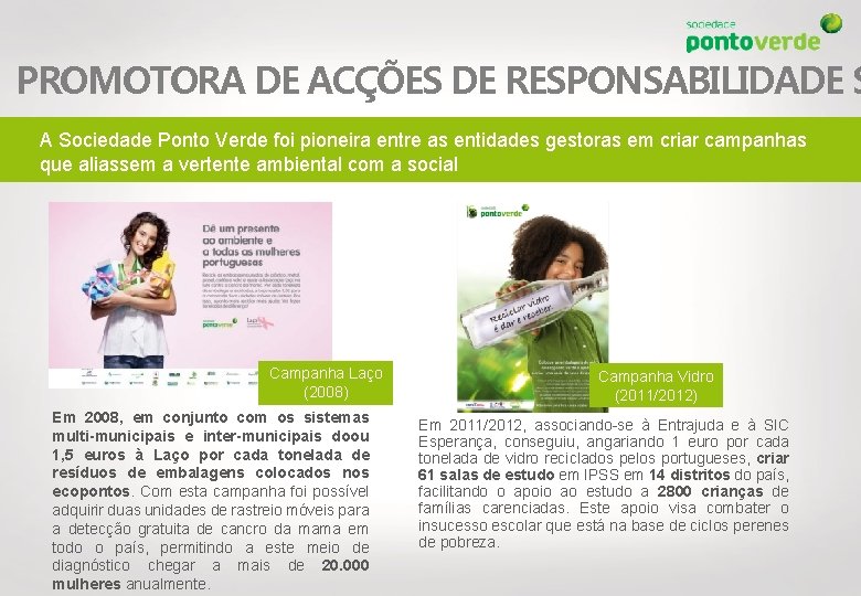 PROMOTORA DE ACÇÕES DE RESPONSABILIDADE S A Sociedade Ponto Verde foi pioneira entre as