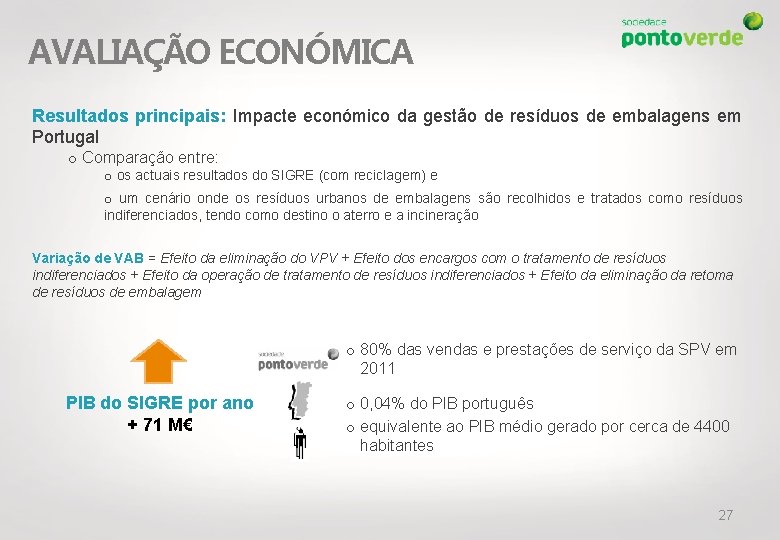 AVALIAÇÃO ECONÓMICA Resultados principais: Impacte económico da gestão de resíduos de embalagens em Portugal