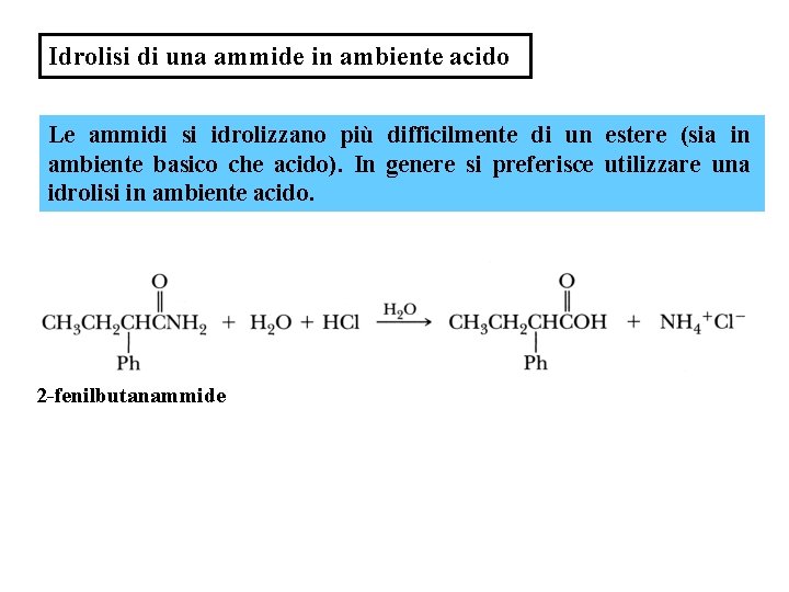 Idrolisi di una ammide in ambiente acido Le ammidi si idrolizzano più difficilmente di