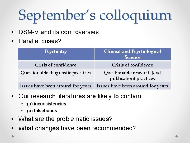 September’s colloquium • DSM-V and its controversies. • Parallel crises? Psychiatry Clinical and Psychological